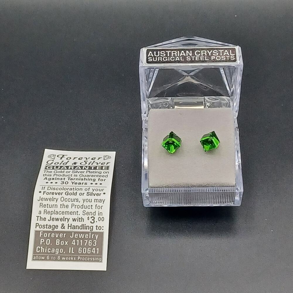 Austrian Crystal Emerald Green Cube Stud Earrings Surgical Steel Posts NIB